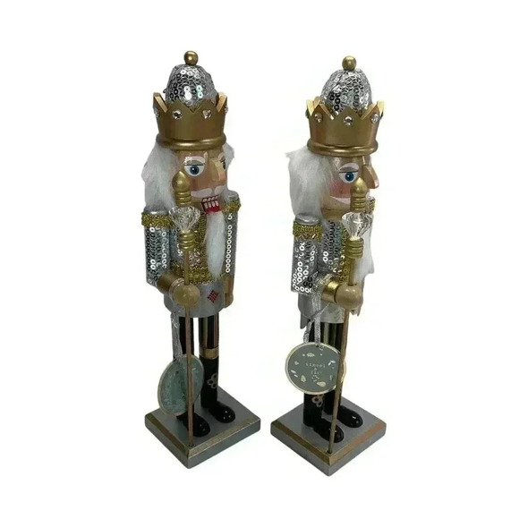 Wood Christmas15" Nutcracker Soldier Silver Sequins Uniform Gold Jewel Crown Set - Picture 2 of 4
